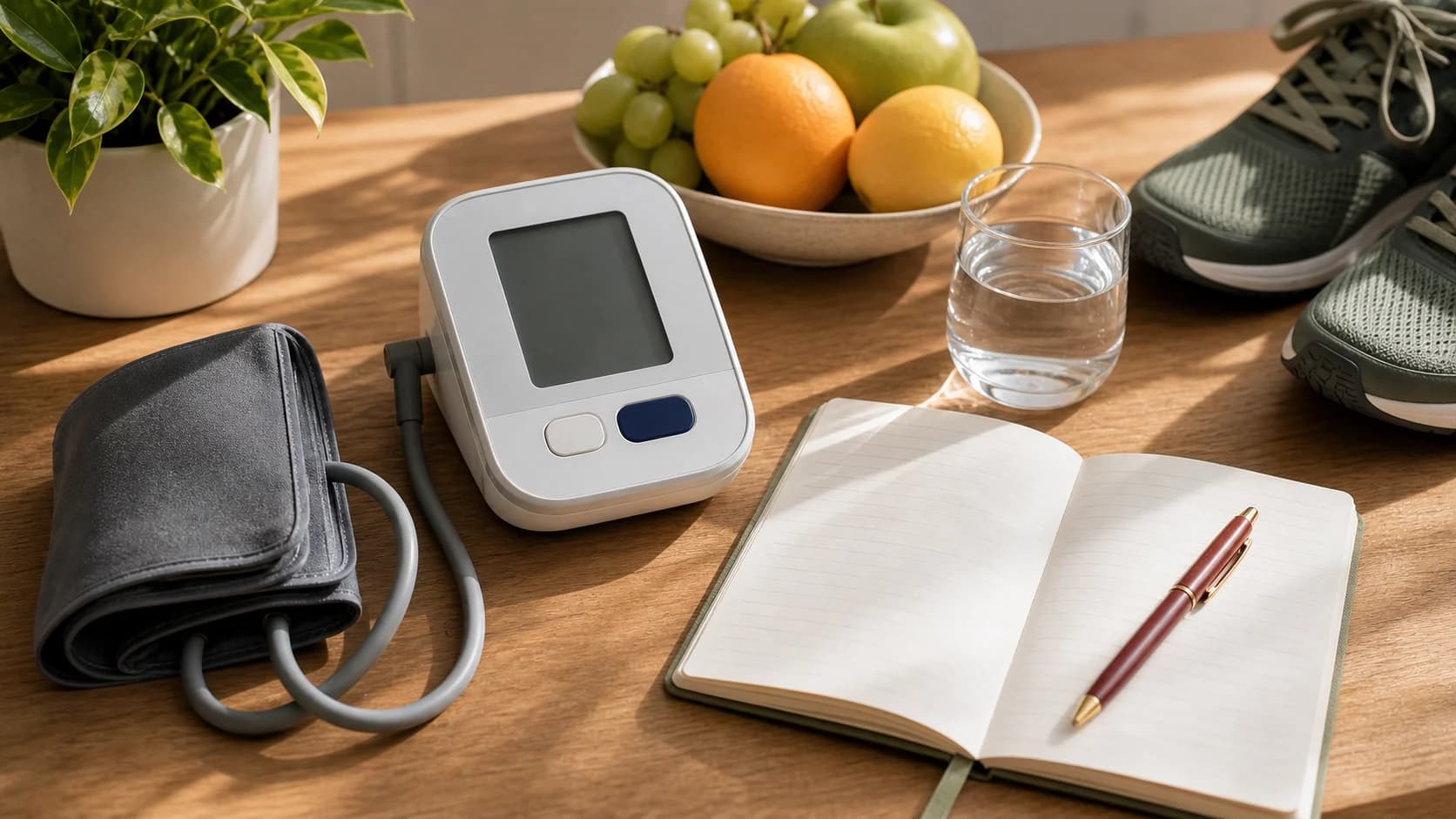 A home blood pressure monitor, cuff, notebook, water, fruit, and walking shoes on a warm table.