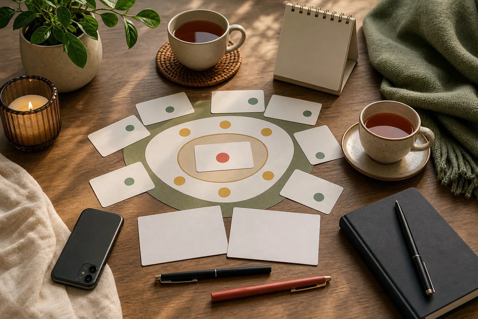 A warm table with blank note cards, pens, tea, and a boundary map made of colored dots.