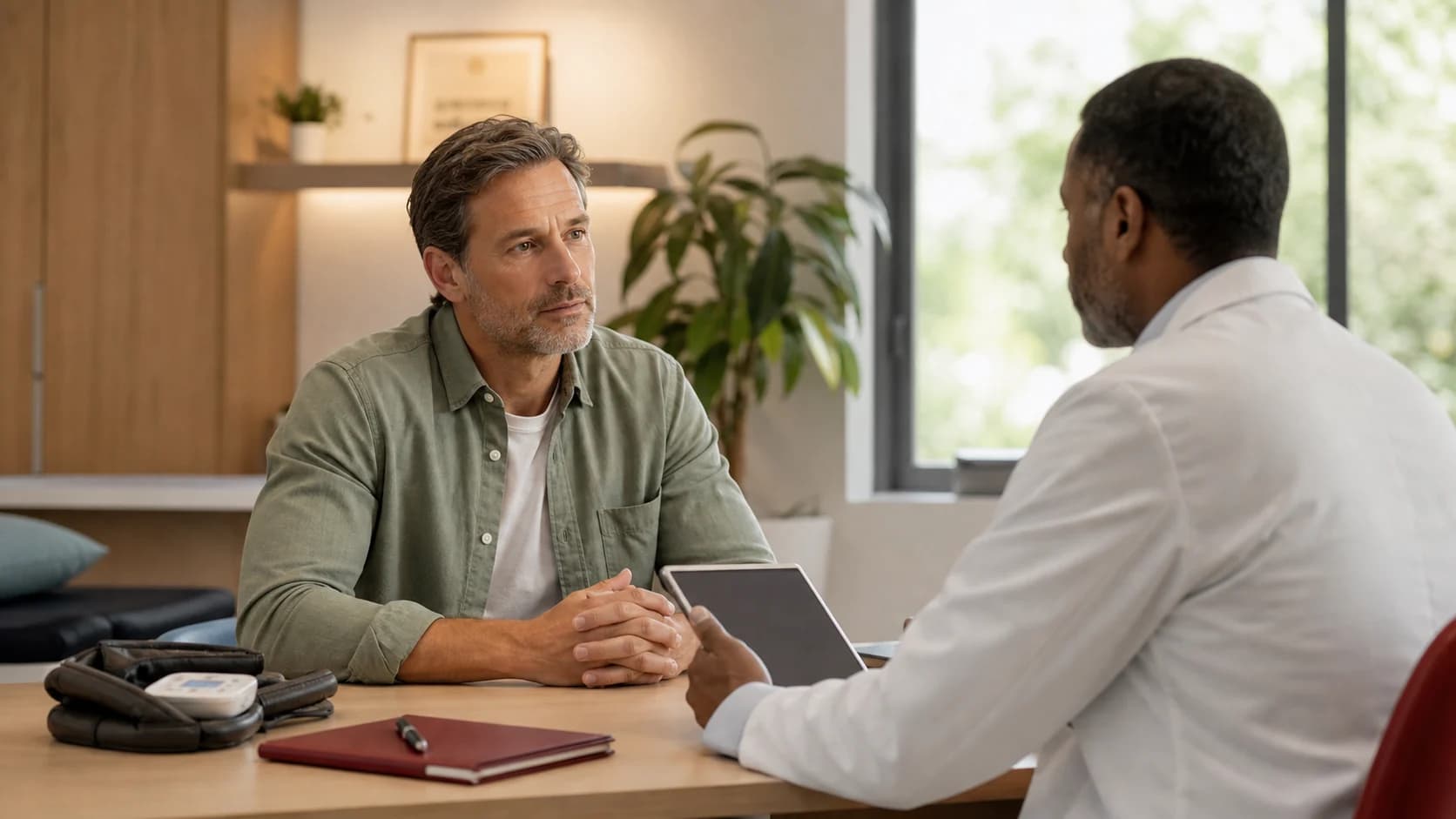 A man speaking with a clinician in a calm medical consultation room.