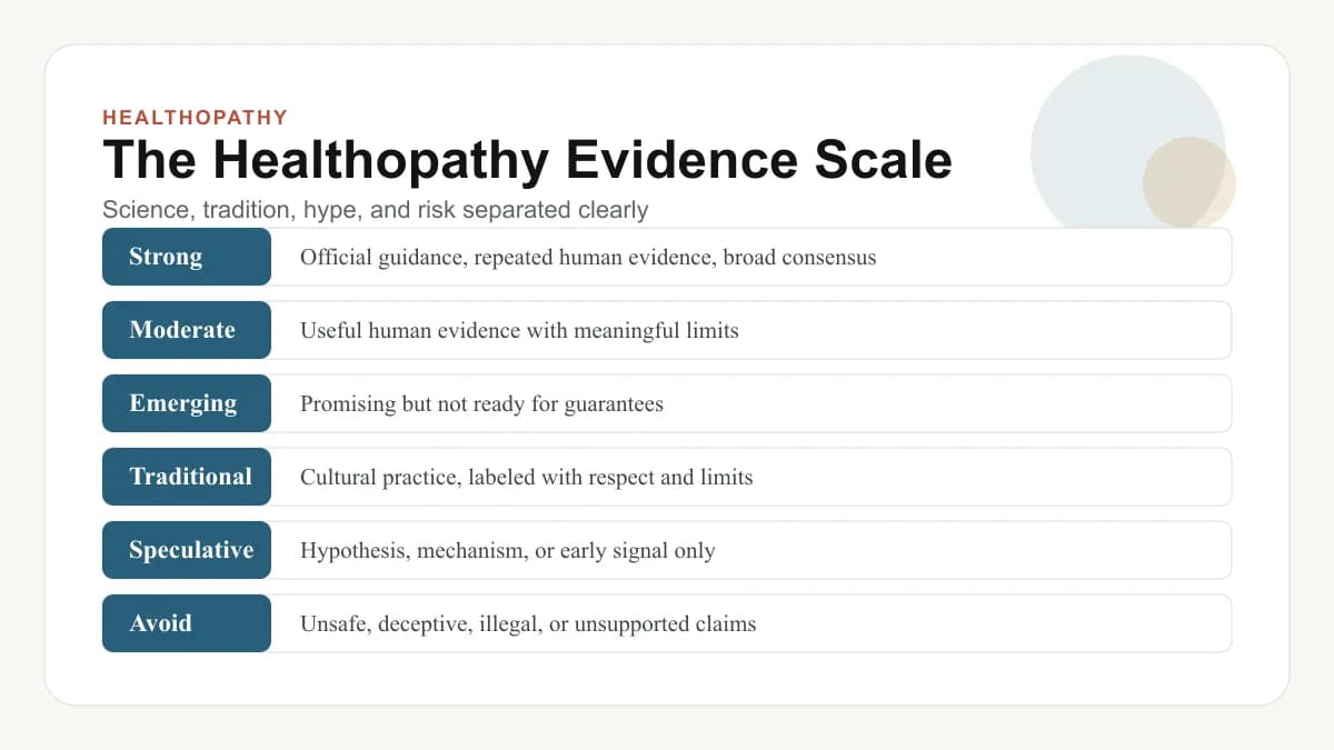 Healthopathy evidence scale diagram showing strong, moderate, emerging, traditional, speculative, and avoid labels.