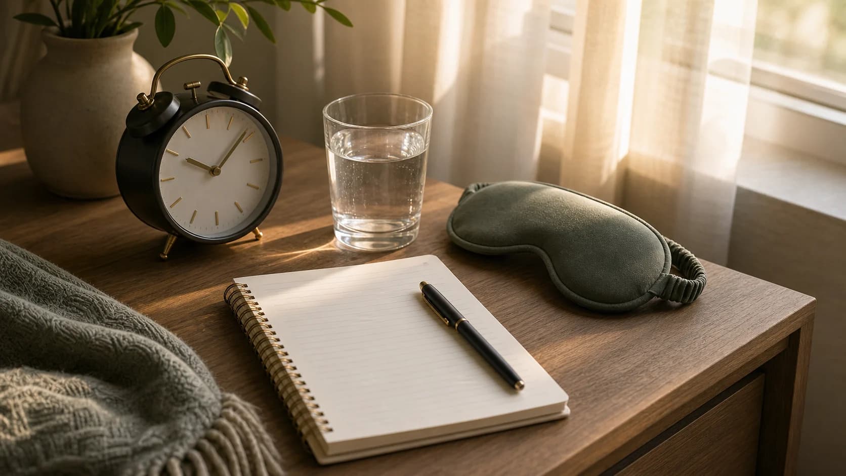 A warm bedside table with a clock, sleep mask, water, and blank sleep log notebook.