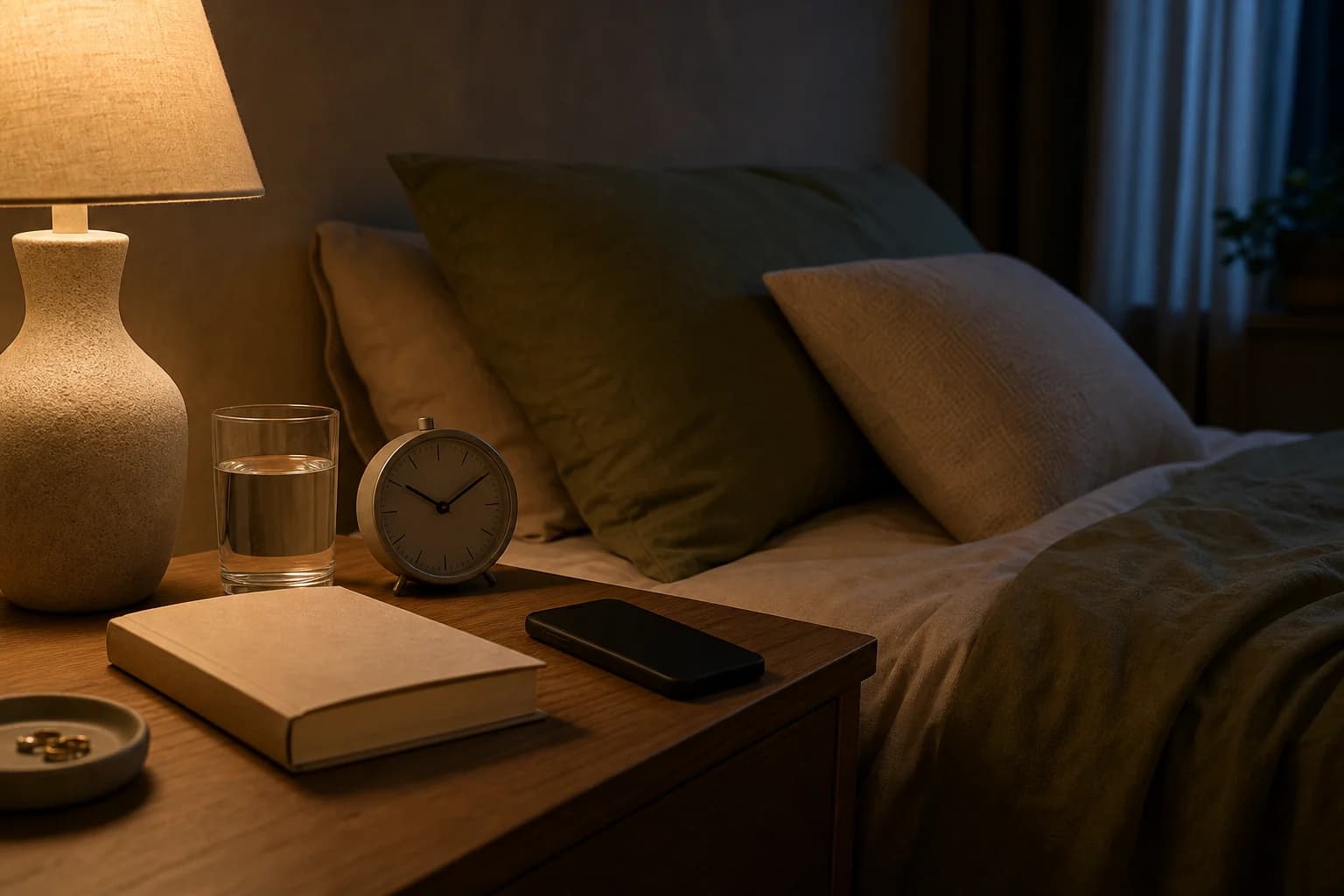 A calm bedside sleep reset scene with warm light, water, a book, an analog clock, blackout curtains, and a phone placed face-down.