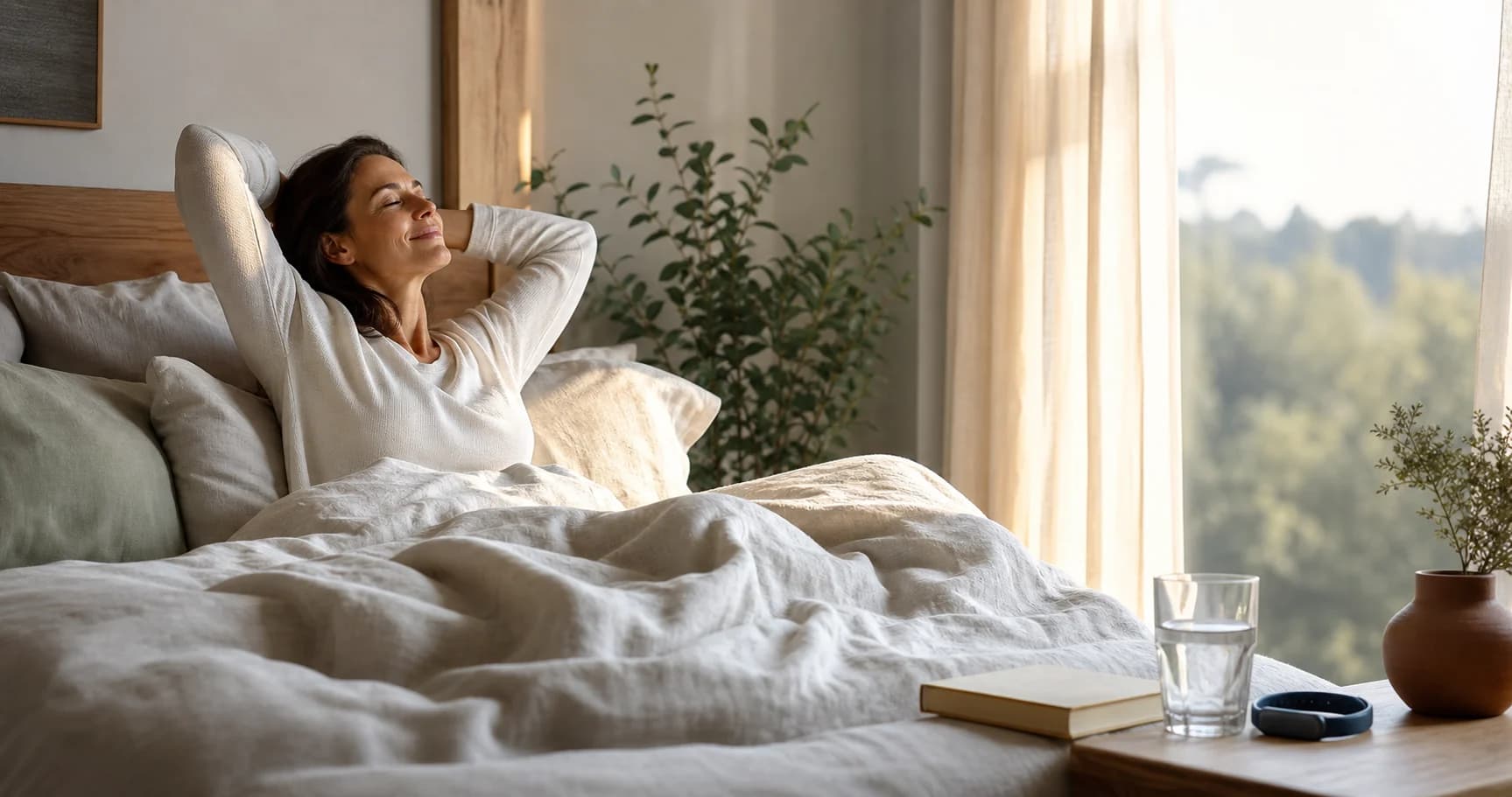 A calm bedroom at dawn with a person waking naturally beside water, a book, and a wearable.