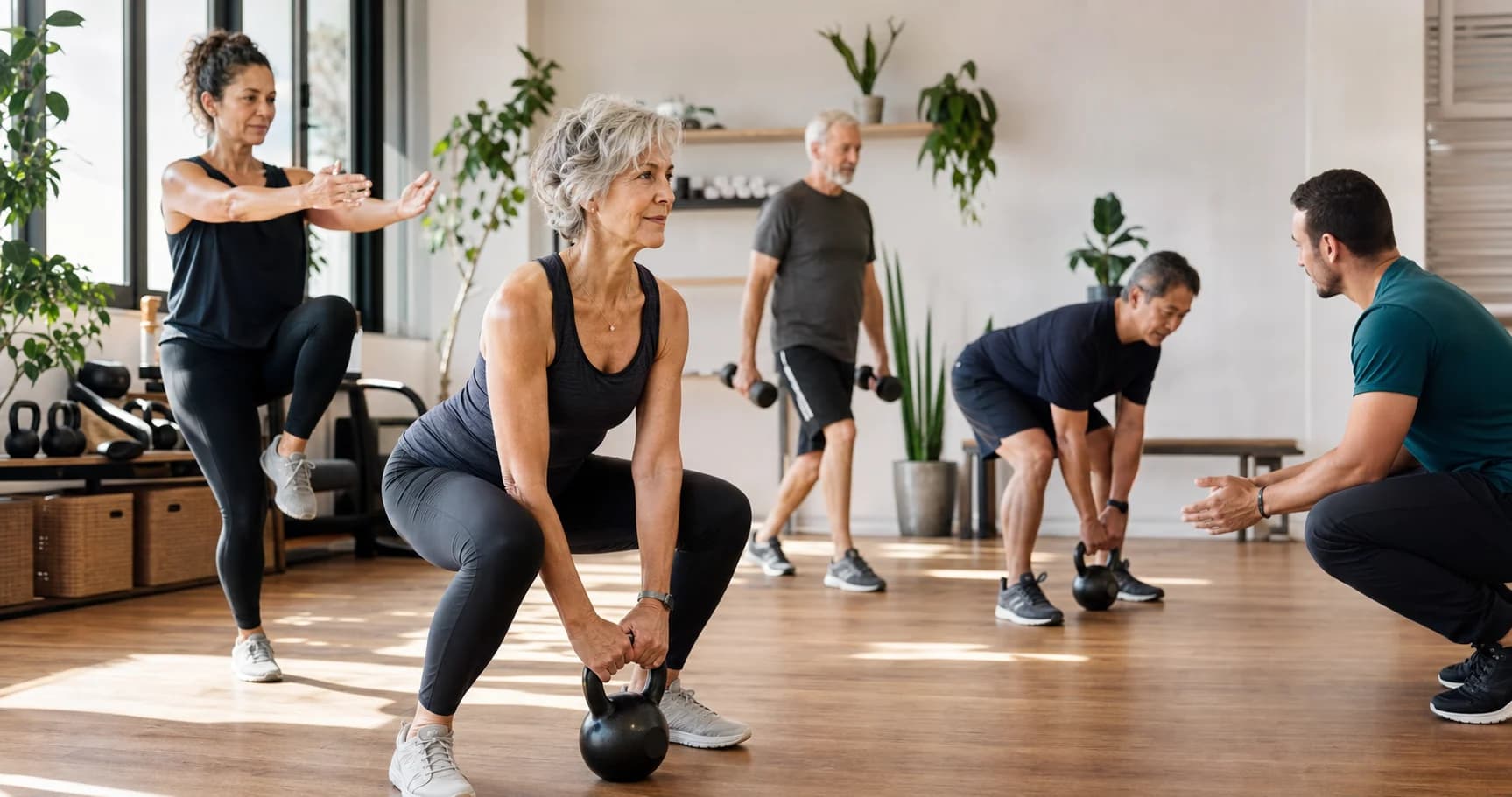 Older adults doing supervised resistance training in a bright studio.