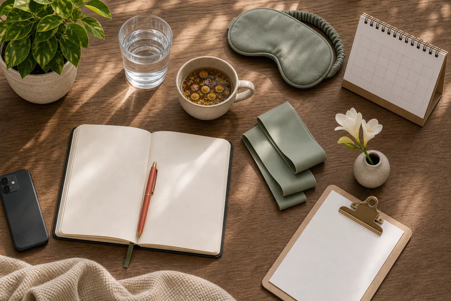 A warm desk with a notebook, sleep mask, water, tea, exercise band, phone, calendar, and blank checklist.