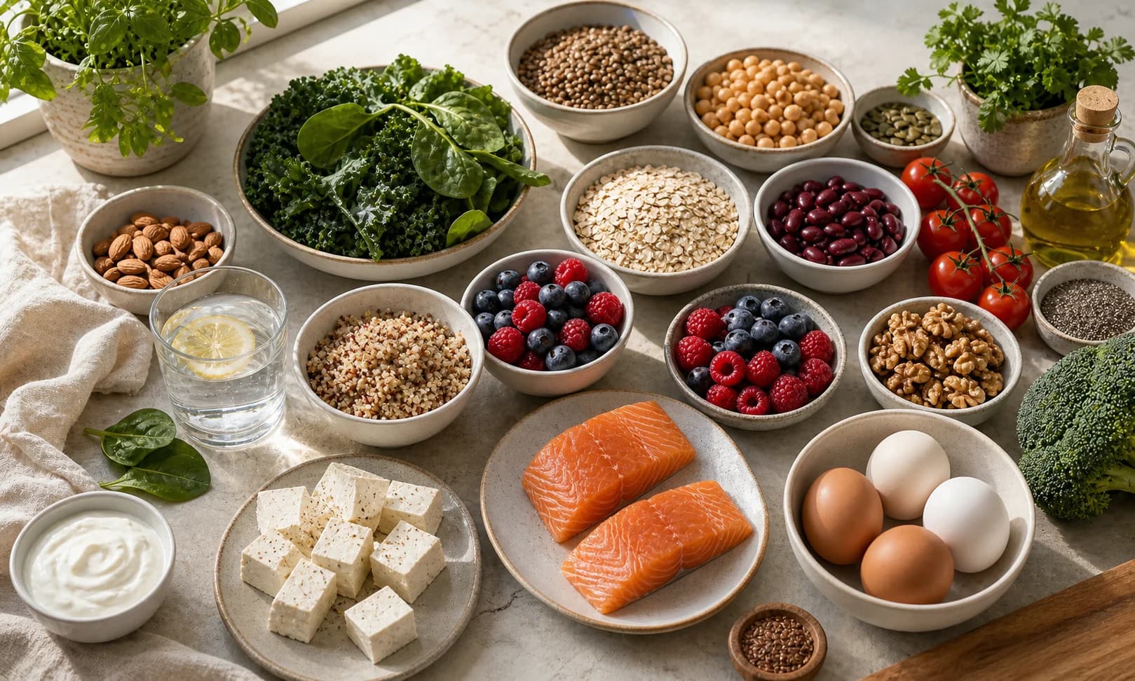 A bright ingredient flat lay with leafy greens, beans, lentils, oats, berries, nuts, seeds, yogurt, tofu, salmon, eggs, olive oil, tomatoes, herbs, and water.