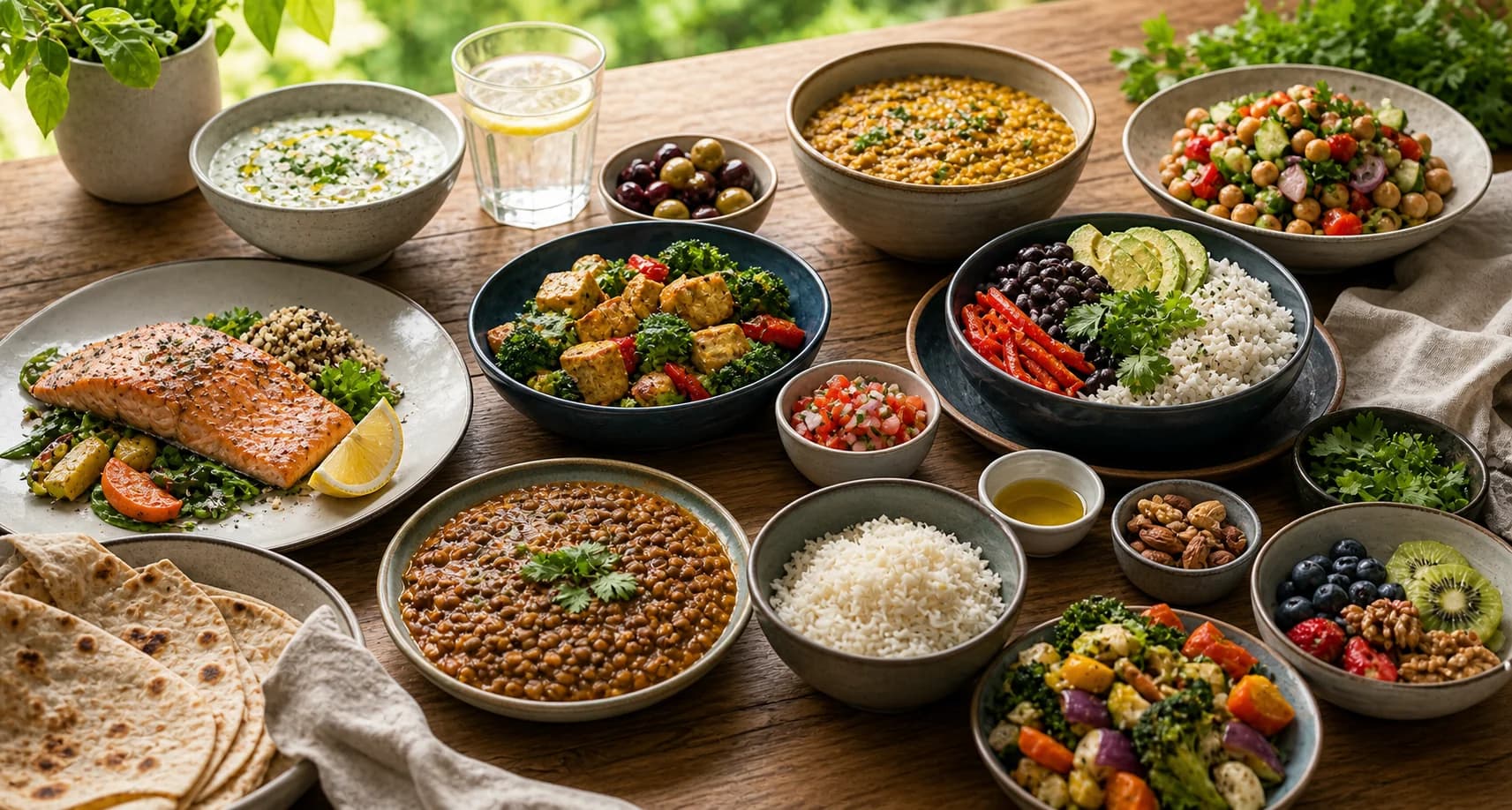A global healthspan table with lentils, beans, rice, vegetables, yogurt, salmon, tofu, fruit, nuts, flatbread, herbs, olive oil, and water.