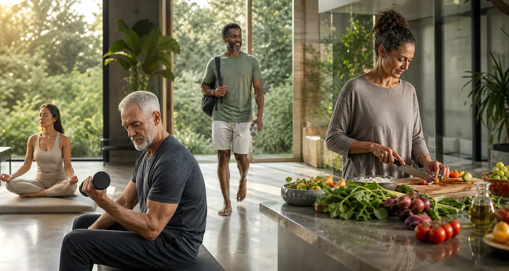 Adults practicing movement, meditation, walking, and whole-food preparation in a sunlit wellness space.