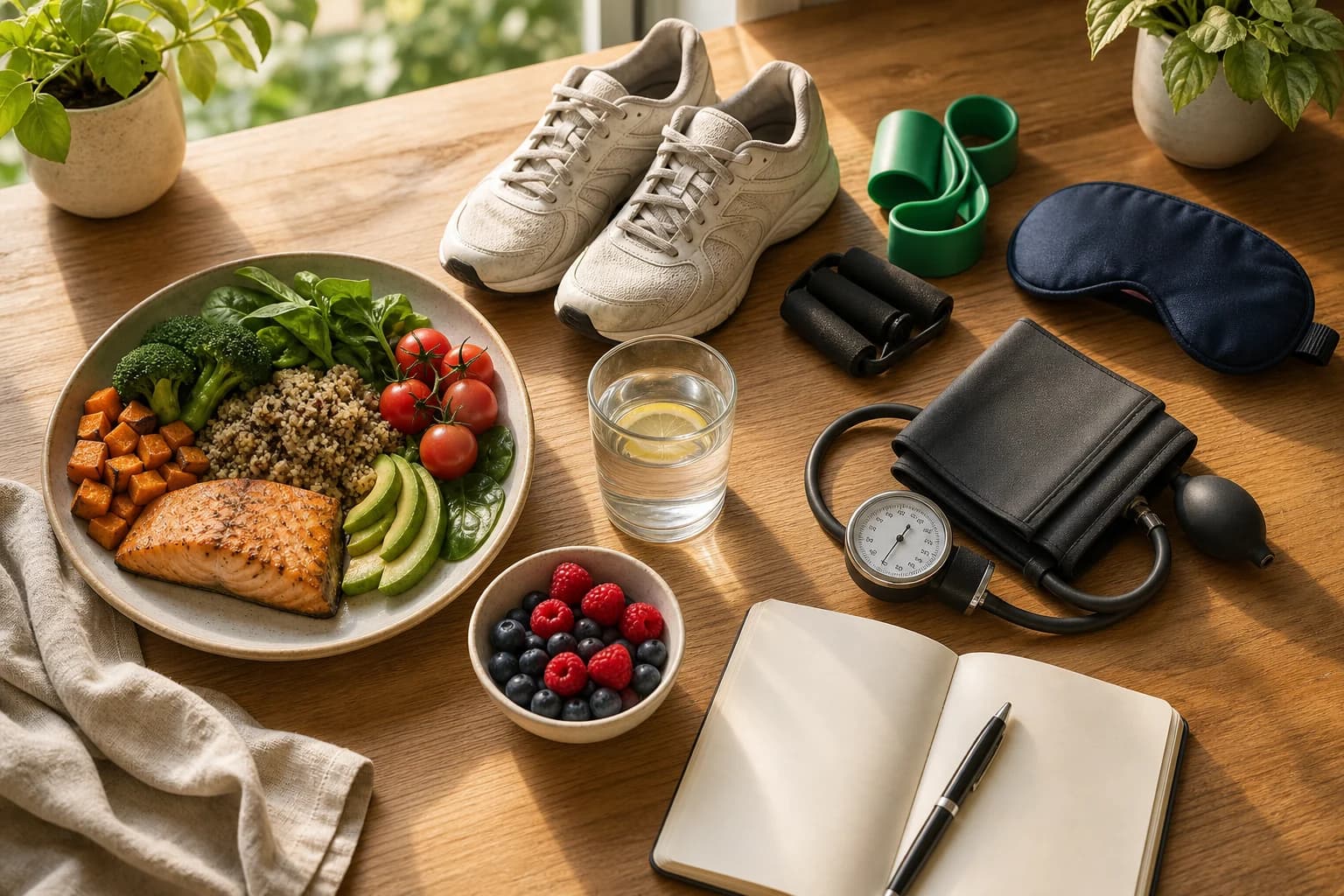 A healthspan flat lay with a whole-food meal, walking shoes, resistance band, sleep mask, blood pressure cuff, water, berries, and a notebook.