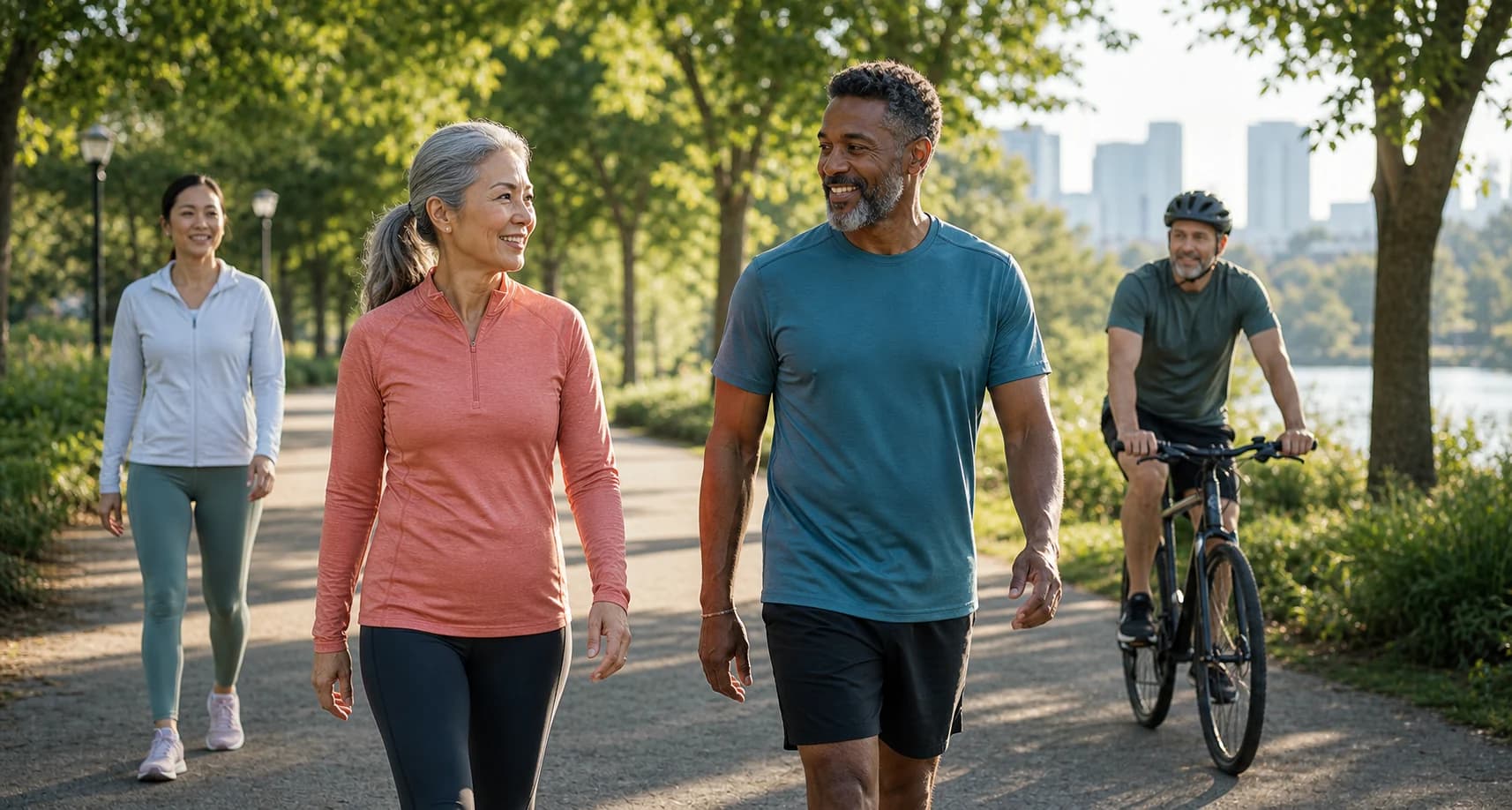 A diverse group of adults walking and cycling at a calm conversational pace on a green morning path.