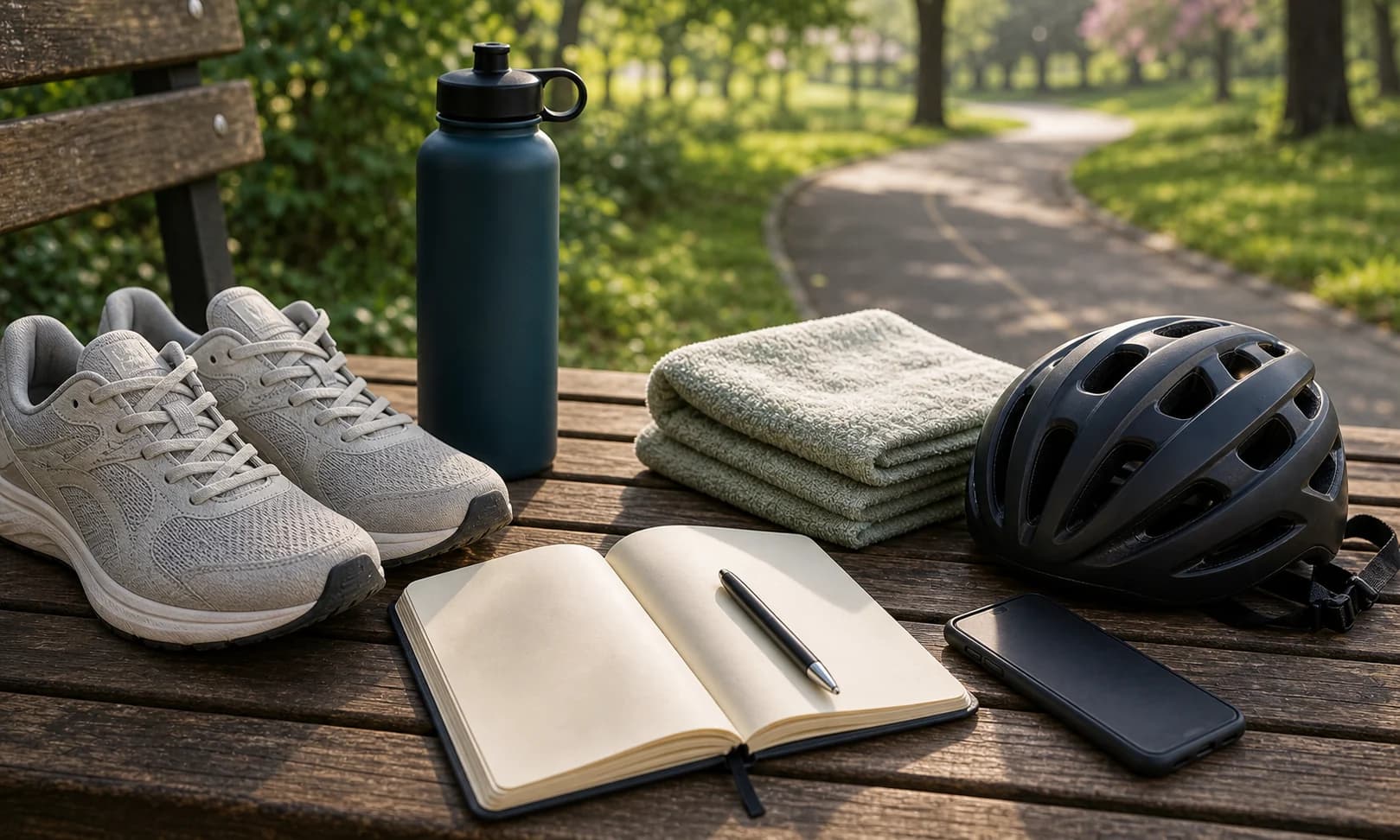 Walking shoes, water bottle, towel, bicycle helmet, blank training notebook, and face-down phone on a park bench near a green path.