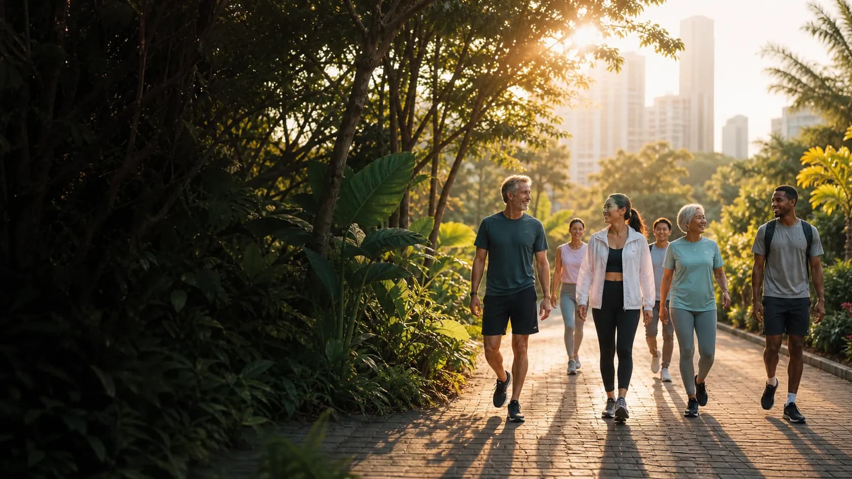 People walking together in a sunlit urban park.